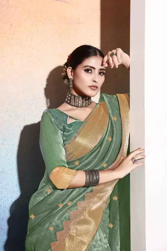 mint tissue cotton silk blend sequence zari work saree with unstitched blouse piece