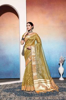 mustard tissue cotton silk blend sequence zari work saree with unstitched blouse piece 1