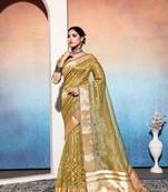 mustard tissue cotton silk blend sequence zari work saree with unstitched blouse piece
