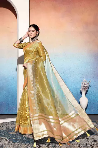mustard tissue cotton silk blend sequence zari work saree with unstitched blouse piece