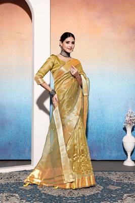 mustard tissue cotton silk blend sequence zari work saree with unstitched blouse piece 3