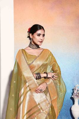 mustard tissue cotton silk blend sequence zari work saree with unstitched blouse piece 4
