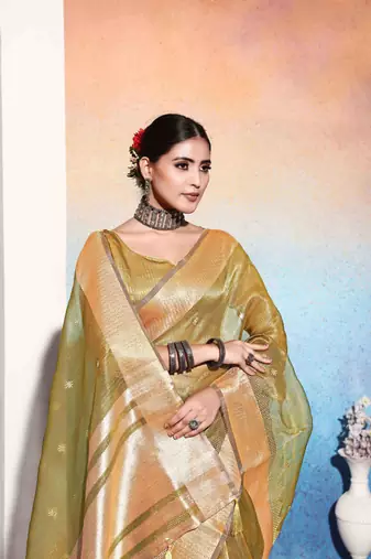 mustard tissue cotton silk blend sequence zari work saree with unstitched blouse piece