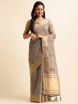 grey cotton silk blend embroidered work saree with unstitched blouse piece 1