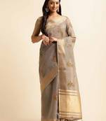 grey cotton silk blend embroidered work saree with unstitched blouse piece