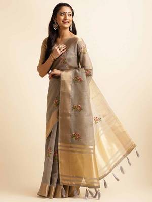 grey cotton silk blend embroidered work saree with unstitched blouse piece 2
