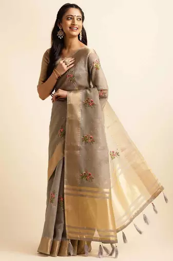 grey cotton silk blend embroidered work saree with unstitched blouse piece