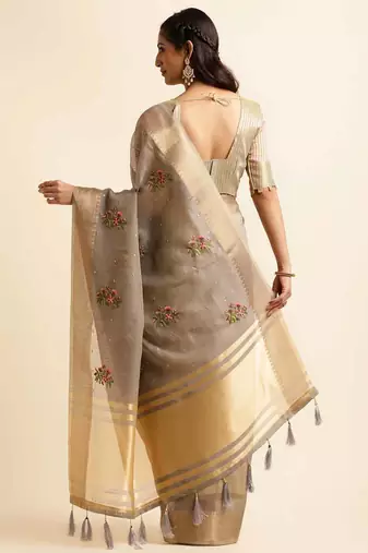 grey cotton silk blend embroidered work saree with unstitched blouse piece