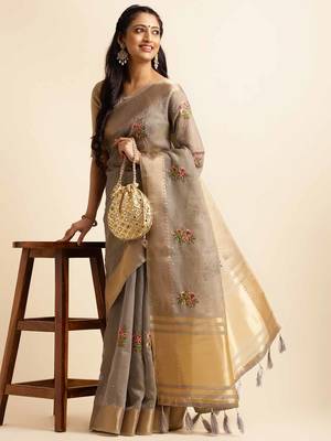 grey cotton silk blend embroidered work saree with unstitched blouse piece 4