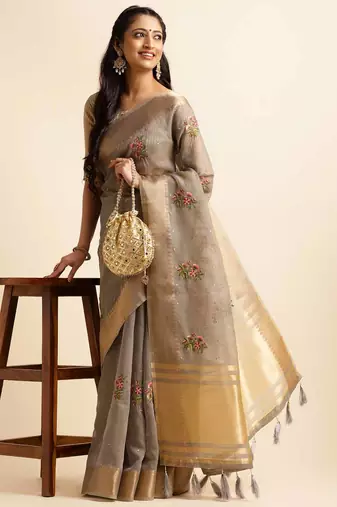 grey cotton silk blend embroidered work saree with unstitched blouse piece