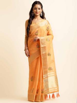 orange cotton silk blend embroidered work saree with unstitched blouse piece 1