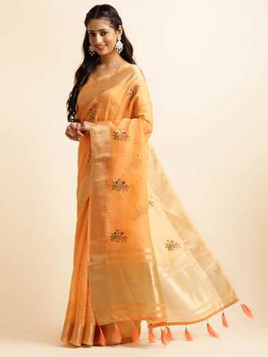 orange cotton silk blend embroidered work saree with unstitched blouse piece 2