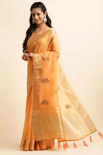 orange cotton silk blend embroidered work saree with unstitched blouse piece