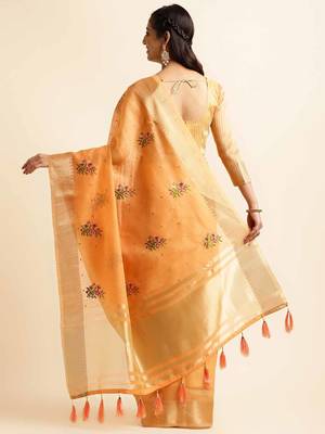 orange cotton silk blend embroidered work saree with unstitched blouse piece 3