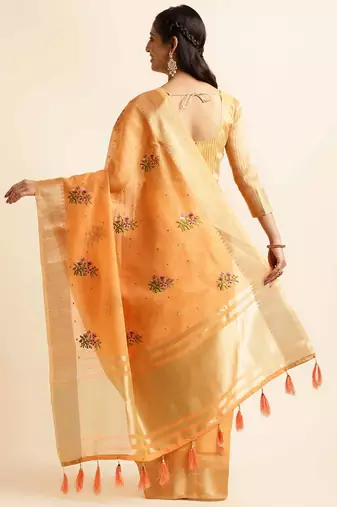orange cotton silk blend embroidered work saree with unstitched blouse piece