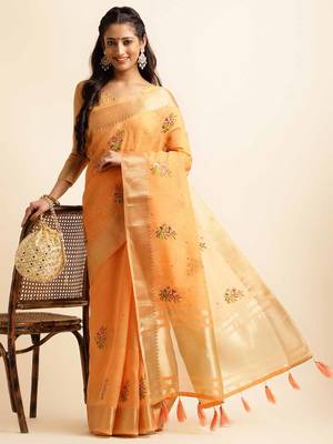 orange cotton silk blend embroidered work saree with unstitched blouse piece 4