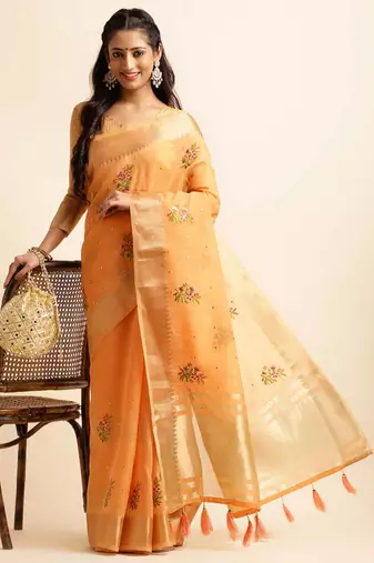 orange cotton silk blend embroidered work saree with unstitched blouse piece