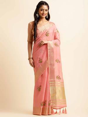 pink cotton silk blend embroidered work saree with unstitched blouse piece 2