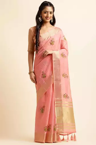 pink cotton silk blend embroidered work saree with unstitched blouse piece
