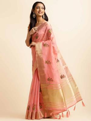 pink cotton silk blend embroidered work saree with unstitched blouse piece 1