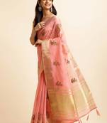 pink cotton silk blend embroidered work saree with unstitched blouse piece