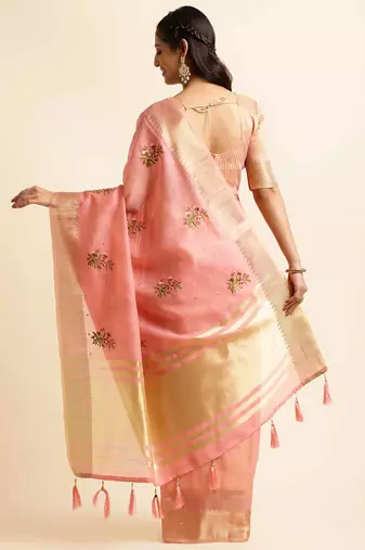 pink cotton silk blend embroidered work saree with unstitched blouse piece