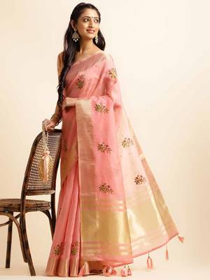 pink cotton silk blend embroidered work saree with unstitched blouse piece 4