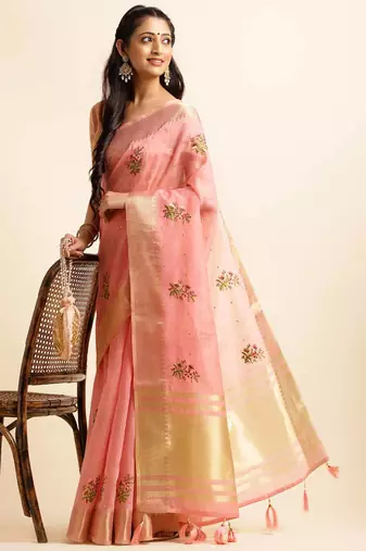 pink cotton silk blend embroidered work saree with unstitched blouse piece