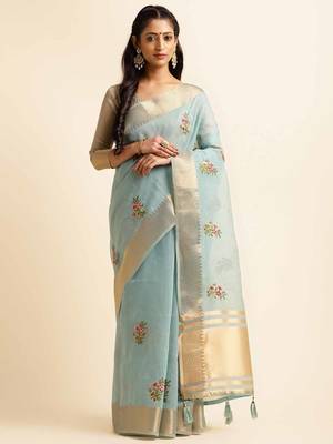 sky blue cotton silk blend embroidered work saree with unstitched blouse piece 1