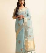sky blue cotton silk blend embroidered work saree with unstitched blouse piece
