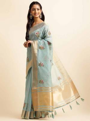 sky blue cotton silk blend embroidered work saree with unstitched blouse piece 2