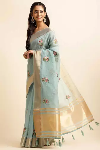 sky blue cotton silk blend embroidered work saree with unstitched blouse piece