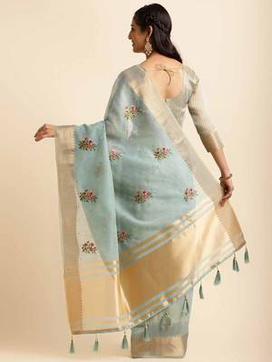 sky blue cotton silk blend embroidered work saree with unstitched blouse piece 3