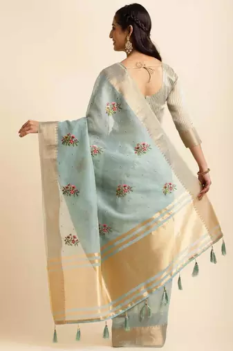 sky blue cotton silk blend embroidered work saree with unstitched blouse piece