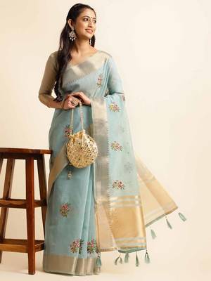 sky blue cotton silk blend embroidered work saree with unstitched blouse piece 4