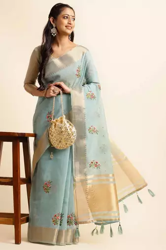 sky blue cotton silk blend embroidered work saree with unstitched blouse piece