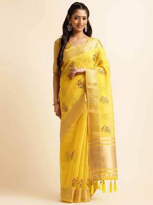 yellow cotton silk blend embroidered work saree with unstitched blouse piece 1