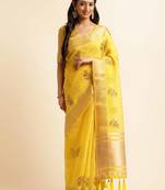yellow cotton silk blend embroidered work saree with unstitched blouse piece