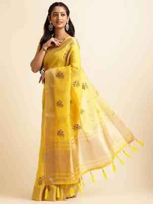 yellow cotton silk blend embroidered work saree with unstitched blouse piece 2