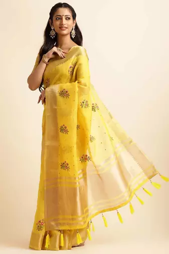 yellow cotton silk blend embroidered work saree with unstitched blouse piece