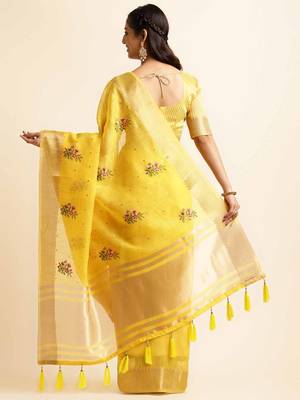 yellow cotton silk blend embroidered work saree with unstitched blouse piece 3