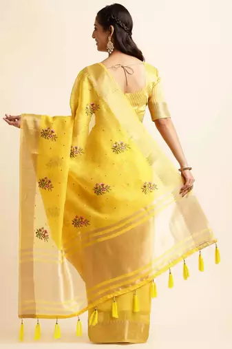 yellow cotton silk blend embroidered work saree with unstitched blouse piece