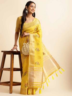 yellow cotton silk blend embroidered work saree with unstitched blouse piece 4