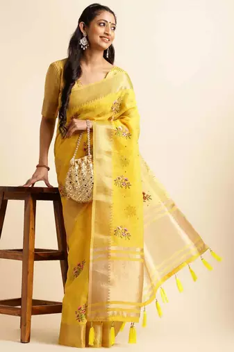 yellow cotton silk blend embroidered work saree with unstitched blouse piece