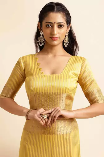 yellow cotton silk blend embroidered work saree with unstitched blouse piece
