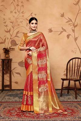 red tissue cotton silk blend embroidered work saree with unstitched blouse piece 1