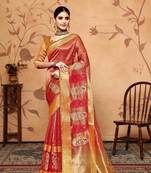 red tissue cotton silk blend embroidered work saree with unstitched blouse piece