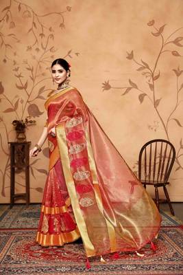 red tissue cotton silk blend embroidered work saree with unstitched blouse piece 2