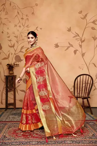 red tissue cotton silk blend embroidered work saree with unstitched blouse piece
