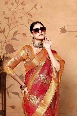 red tissue cotton silk blend embroidered work saree with unstitched blouse piece 3